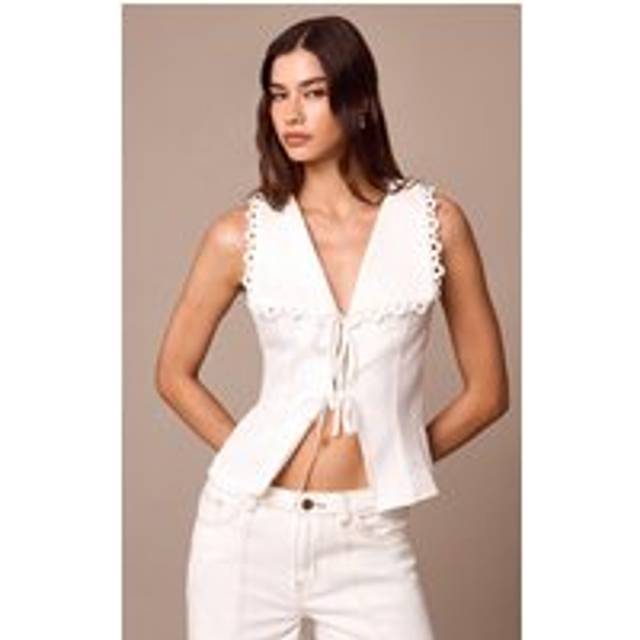 White Lace Trim Detail Tie Up Blouse, White - 12