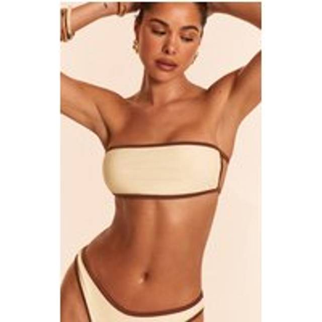Cream Contrast Binding Bandeau Bikini Top, White - 12