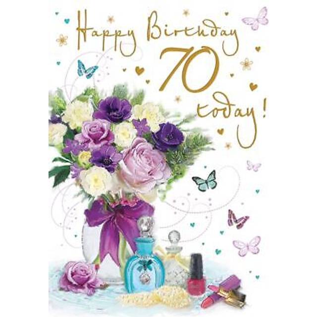 70th birthday card - female - flowers & perfume - glittered - regal quality