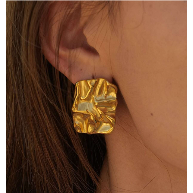 Uworld 1pair Fashion Hammer Pattern Texture Geometric 18K Gold Plated Stainless Steel Hoop Earrings Women Party Prom Wearing Chunky Earrings