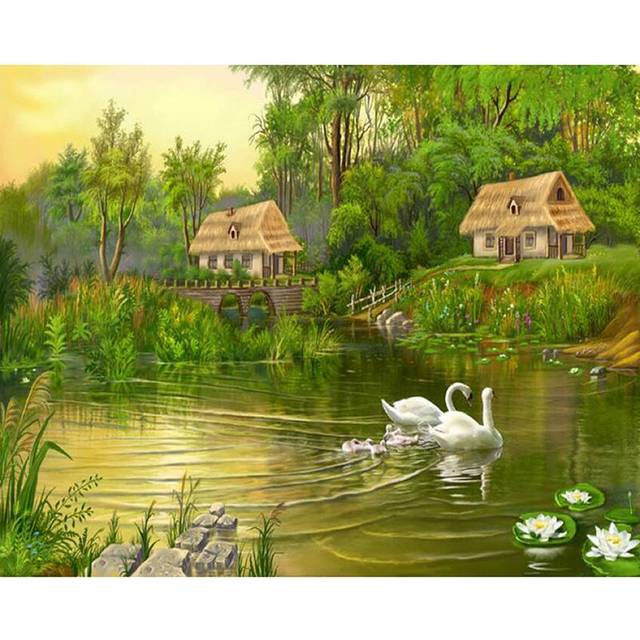 5D DIY Diamond Painting  Village Lake Swans  3D Embroidery Cross Stitch Rhinestone Mosaic Painting Decor 20X30CM