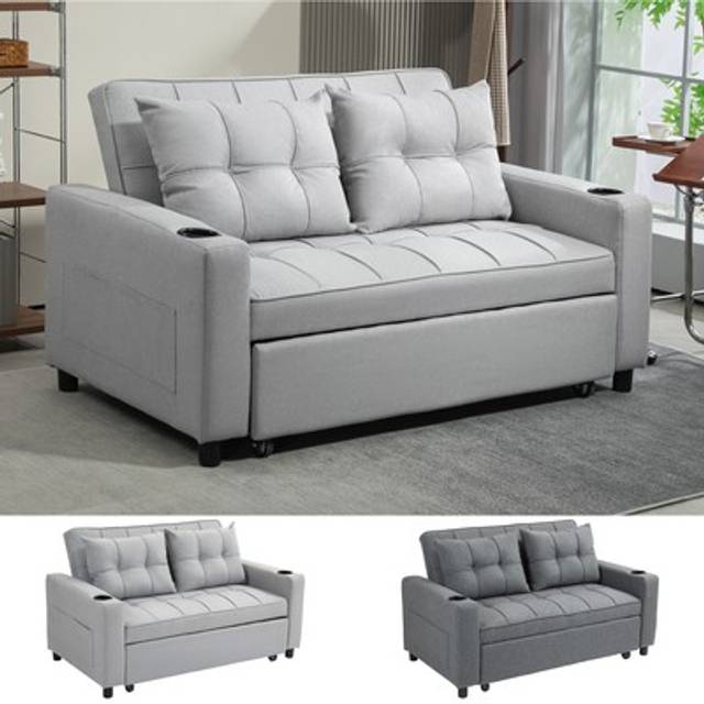 HOMCOM Two-Seater Pull-Out Sofa Bed - Light Grey