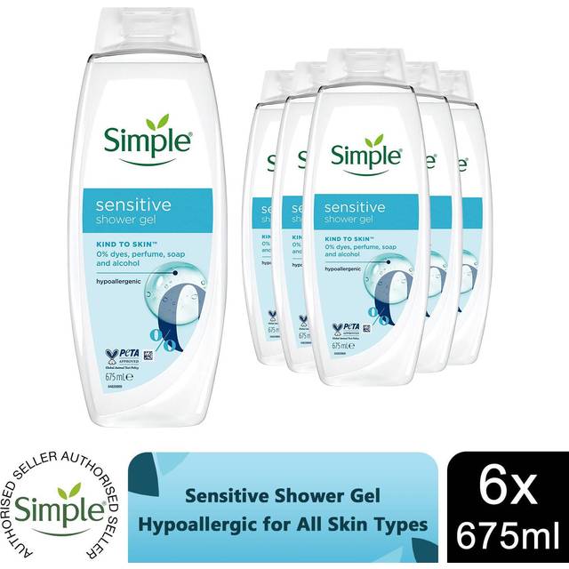 Simple Kind to Skin Sensitive Shower Gel Body Wash w/ Hypoallergenic 675ml, 6pk