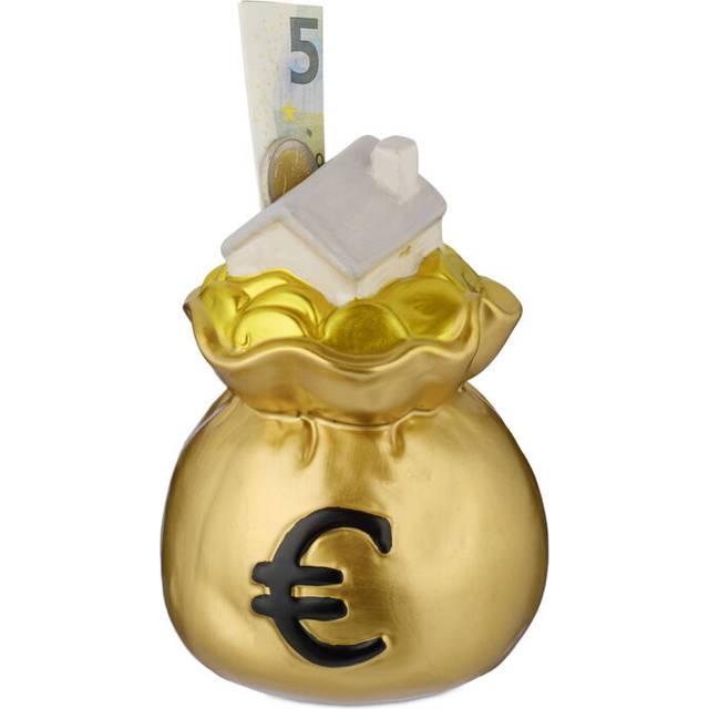 Relaxdays - Money Bag Piggy Bank, Quirky Design, Ceramic, Savings Box, Coins & Notes, hwd: 15.5 x 12 x 12 cm, Gold