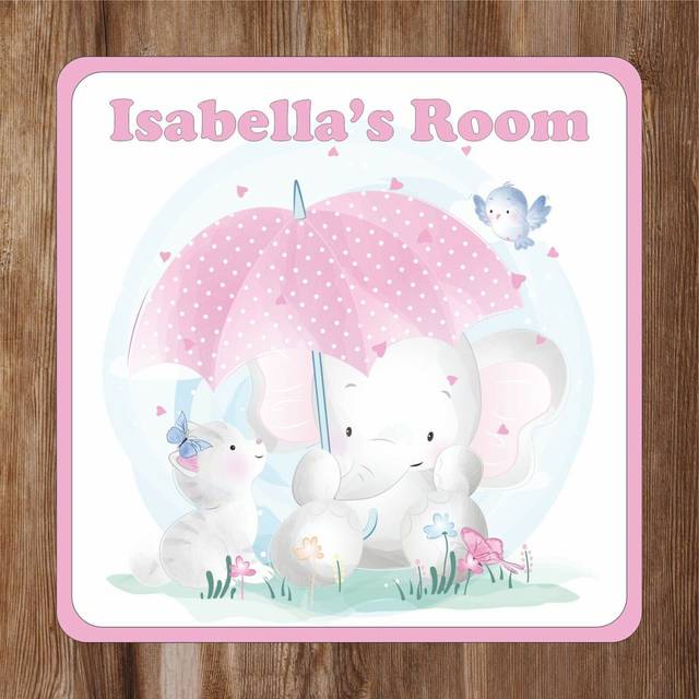 Kids elephant with cat kids bedroom door sign personalised with any name
