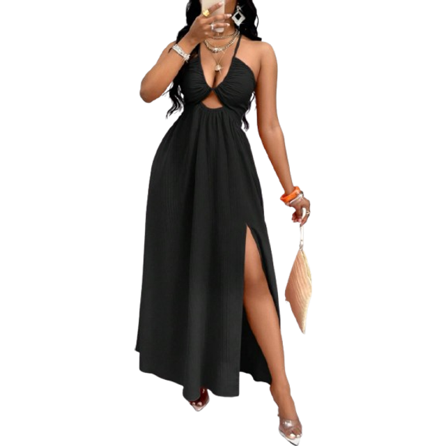 SOLERSUN Crisscross Tie Backless Halter Swing Dress Maxi Women Outfit