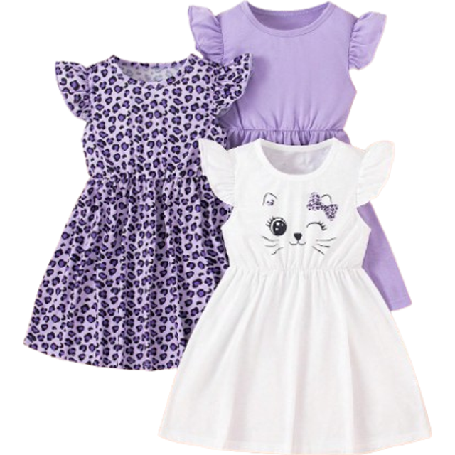 SHEIN 3pcs/Set Young Girls Cute Casual Cap Sleeve Leopard Cat Print Dress Outfit