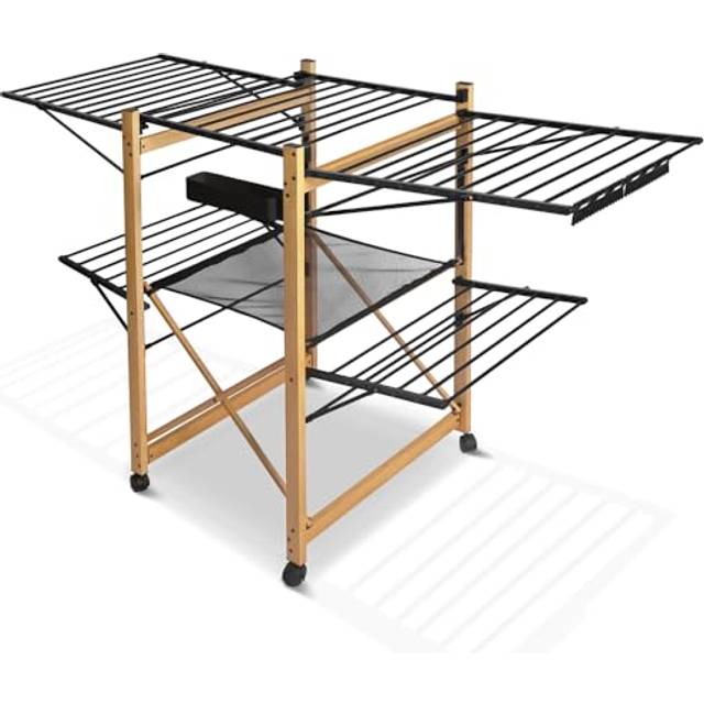 VOUNOT Tvättställ, utdragbart, stående torktumlare av rostfritt stål, vingtorktumlare med hjul och torklängd 30 m, utrymmesbesparande, hopfällbar 180 x 105 x 61 cm, i trä, imiterad, svart