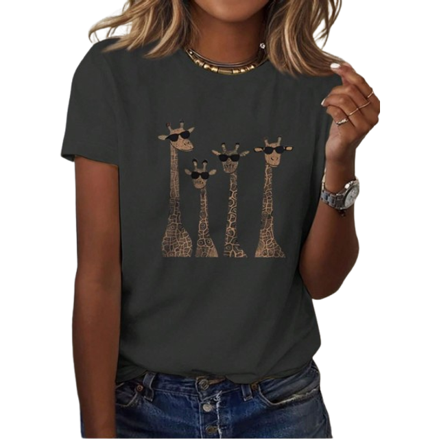 INAWLY Giraffe Print Short Sleeve T-Shirt With Eyelashes For Casual Outfits For Clothes Graphic Cheetah Print Tees Women Tops For Summer And Spring