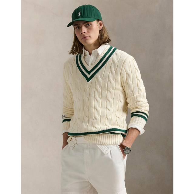 Polo Ralph Lauren, V-neck Knitwear, male, White, XL, Striped V-Neck Jumper in Cream