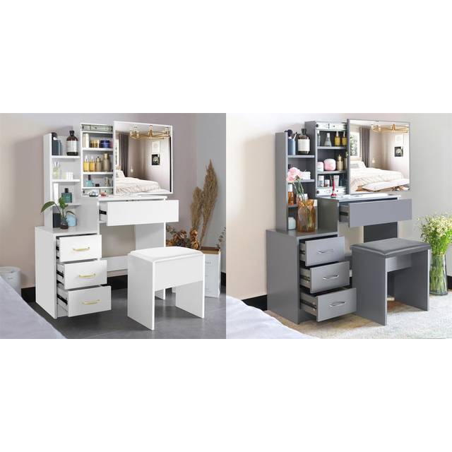 (White) Hampton&Stewart Dressing Table w/ Drawers, Mirror & Stool Set
