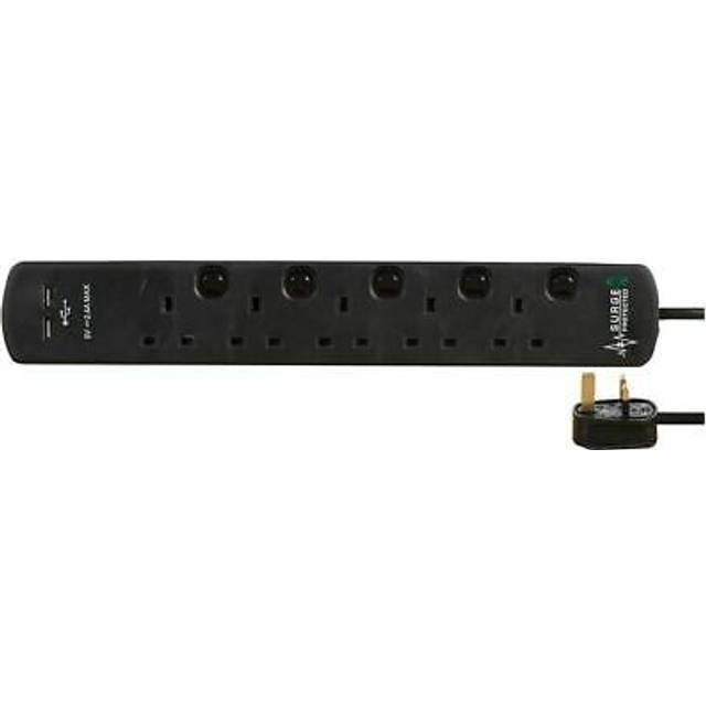 Ex-pro 5 way gang 2m switched surge protect extension lead 2 usb ports black