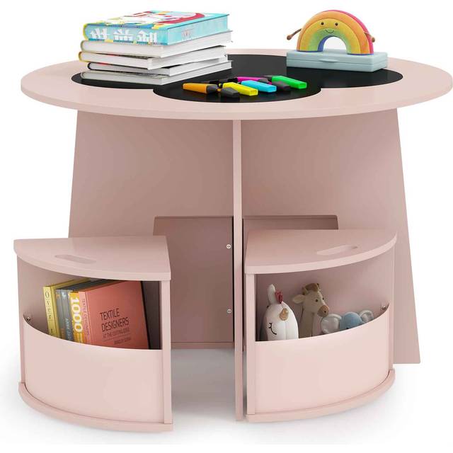 Costway 4 Seater Pink Kids Table Set with Writable Blackboard Desktop - 70 x 70 x 49cm