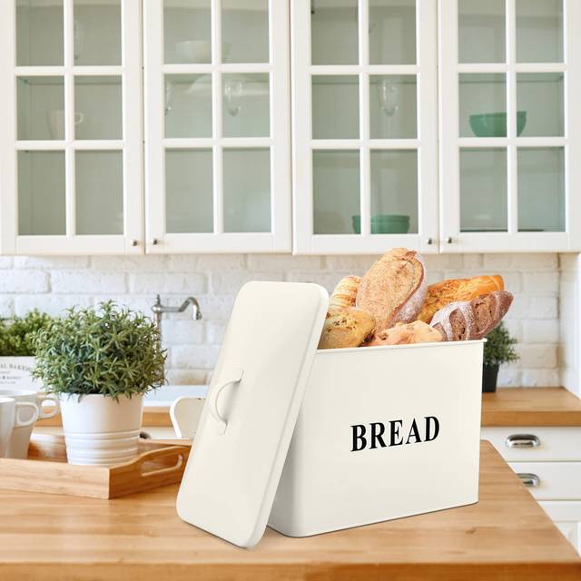 Extra-Large Vintage Metal Bread Bin with Lid – Space-Saving Black Loaf Storage for Countertop. - Cream