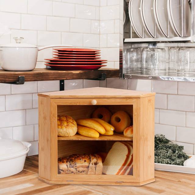 Bamboo Two-Layer Corner Bread Bin for Kitchen – Space-Saving and Stylish Storage.