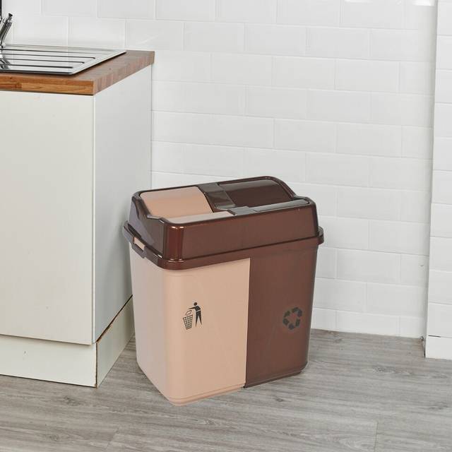 Duo Kitchen Bin Waste Garbage Can 2 Compartments with Base Connectors - Beige (60L)