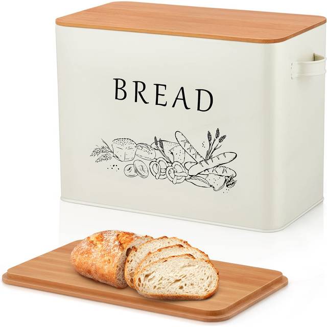 Extra Large Metal Bread Bin with Bamboo Lid – Space-Saving, Vintage Style, Fits 2 Loaves. - Cream