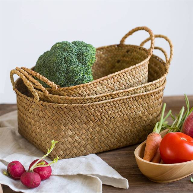 Seagrass Storage Basket With Handle Stackable Natural Woven Organization Shelf Baskets Oval Set Of 3