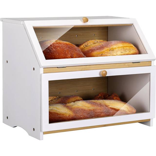 Double Decker Bamboo Bread Bin, 2-Layer Large Capacity Bread Storage for Kitchen Countertop - White