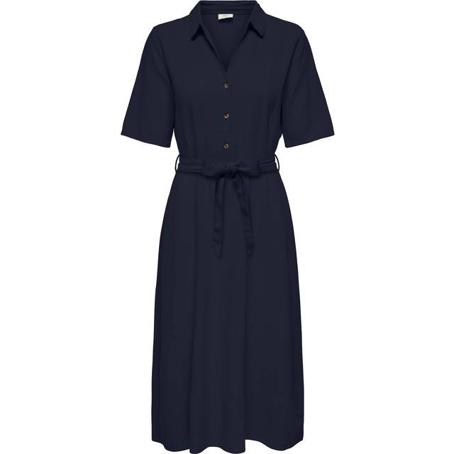 Midi-Length Dress with Belt, Shirt Collar - Navy Blue - XS