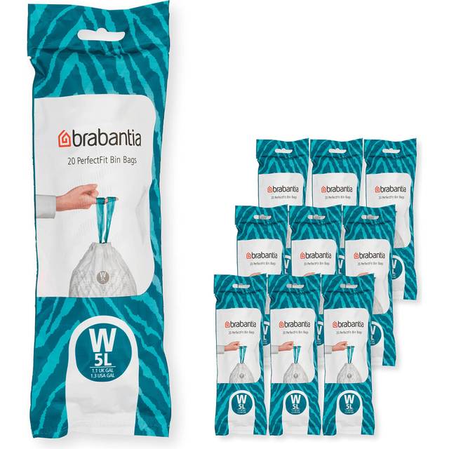 Brabantia 137884 PerfectFit Bin Liners Multipack (Size W/5 Litre) Thick Plastic Trash Bags with Tie Tape Drawstring Handles (200 Bags), White