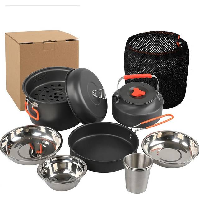 Camping Cookware Mess Kit Aluminum Alloy Pot Pan Steaming Tray Bowl Cup and Water Kettle with Pot multicolour