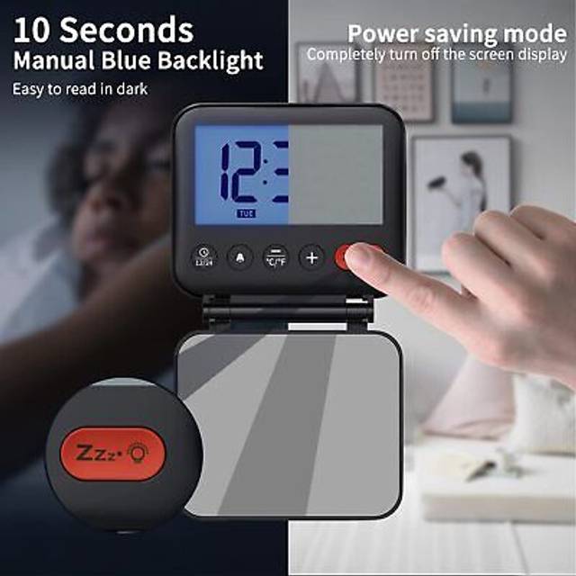 NOKLEAD Digital Travel Alarm Clock  Mini Portable LCD Display Clock with Backlight Calendar Temperature Snooze 12/24H Makeup Mirror, Small Folding