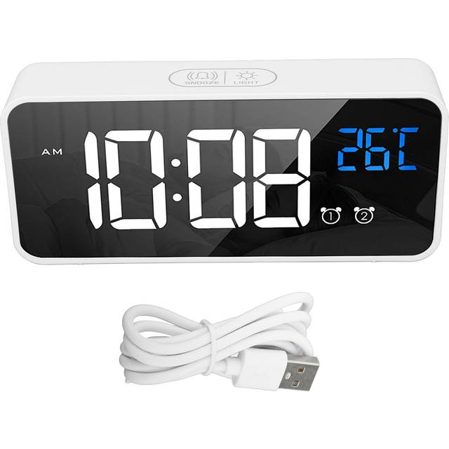 Mirror LED Alarm Clock Two Sets of Alarm Rechargeable Voice Activated Digital Clock for Bedrooms white