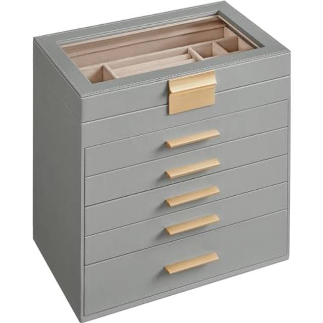 6-Tier Jewellery Box with Glass Lid, Dove Grey + Gold