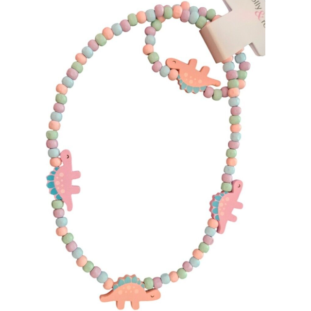 Childrens pink dinosaur wooden charm bead bracelet necklace jewellery set