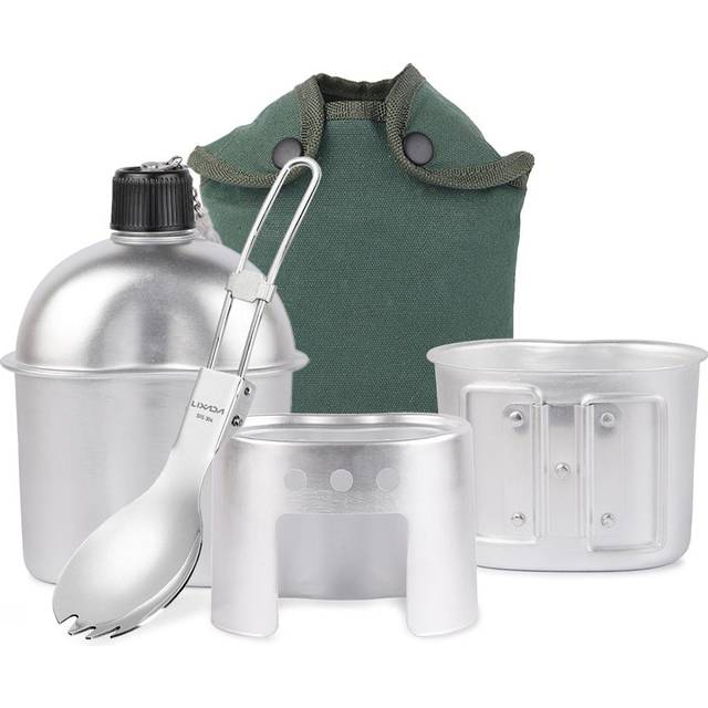 4pcs Cookware Set Aluminum Military Canteen Cup Wood Stove Set with Foldable Spork and Cover Bag 4pcs set silver