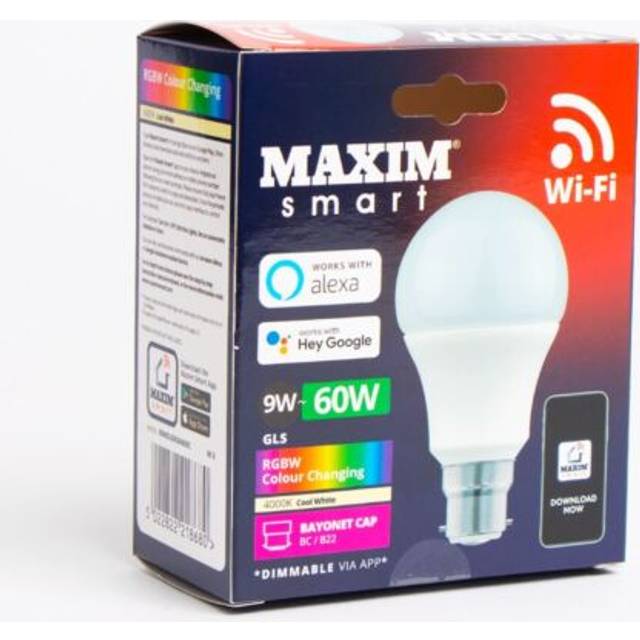 Bc/ b22 smart wi-fi bulb 9w 60w rgbw colour changing alexa or google assistant