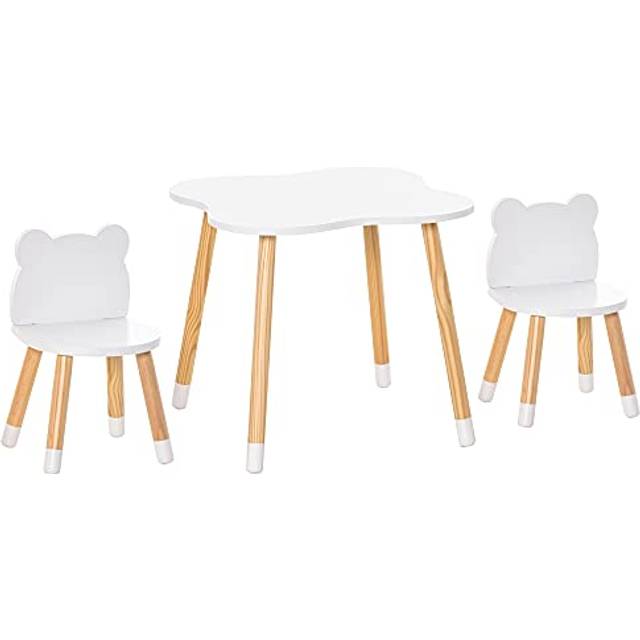 HOMCOM Set med bord och stolar för barn skandinavisk design teddybjörn tall MDF vit