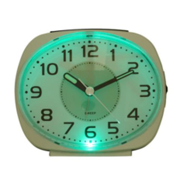 Alarm clock silver oval face metallic finish white dual light 37cm