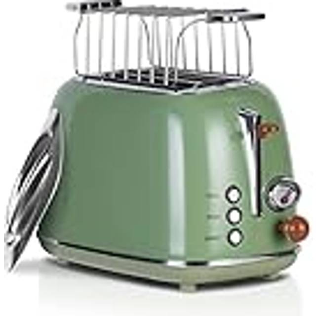Wiltal Retro-brödrost för 2 skivor, med 6 rostningsnivåer, av rostfritt stål, med högkvalitativ hållare för frallor, uppvärm-/tinings- och stoppfunktion, nedräkningsdisplay, snabbrostteknik (grön)