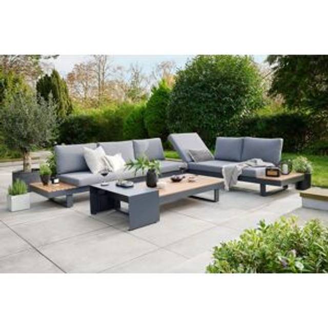 Norfolk Collection Easton Large Corner Set With Sun Recliner - Anthracite Frame - Teak Look Polywood - Dove Grey Cushion, Grey
