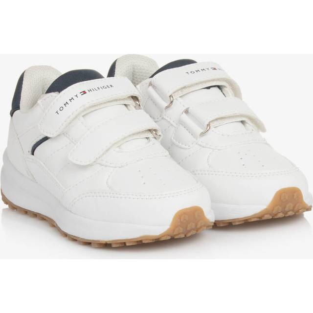 Tommy Hilfiger White Faux Leather Velcro Trainers With Blue Panels - 22