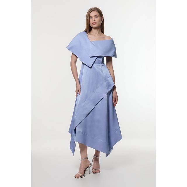 Premium Viscose Linen Tailored Asymmetric Shoulder Full Midi Dress - Blue