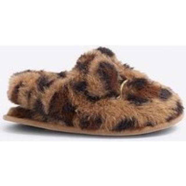 River Island Mini Girls Brown Faux Fur Leopard Slipper - c6