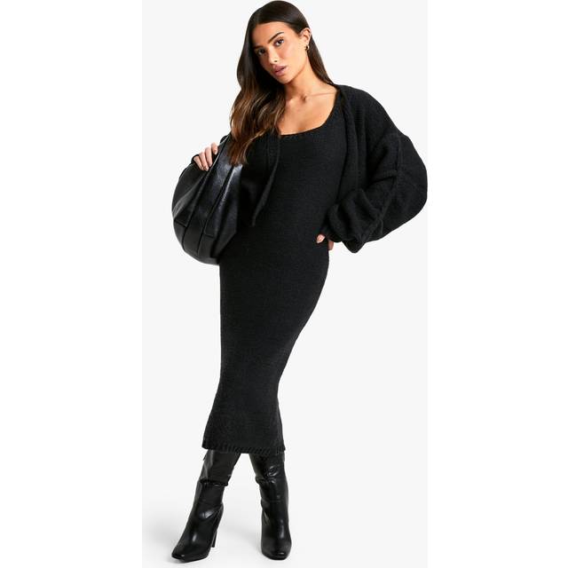 Womens Petite Chunky Knit Dress And Cardigan Co Ord - Black - M, Black