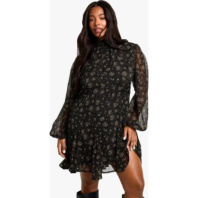 Womens Plus Chiffon Printed High Neck Skater Dress - Black - 28