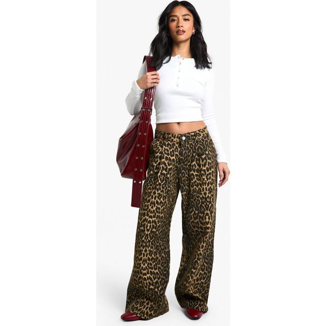Womens Petite Faded Denim Leopard Print Wide Leg Jean - Multi - 10, Multi