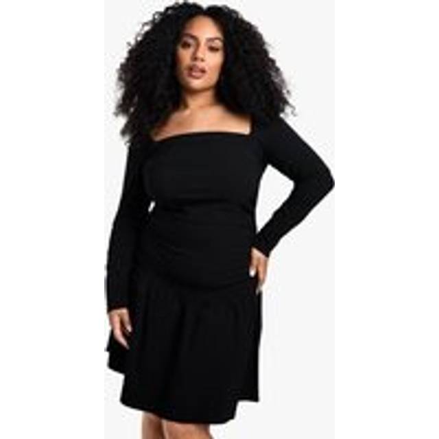 Womens Plus Bengaline Square Neck Rouched Skater Dress - Black - 24, Black