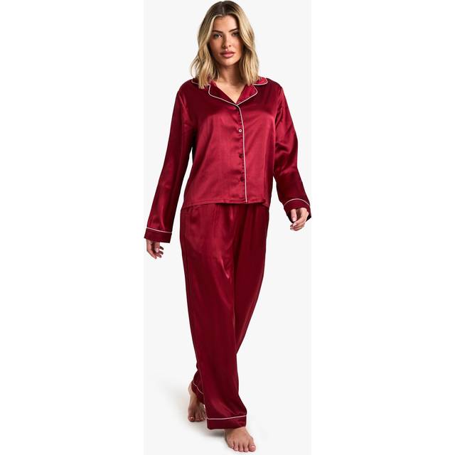 Womens Petite Satin Piping Detail Long Sleeve Shirt & Trousers Pyjama Set - Red - 10
