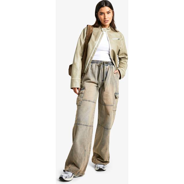Womens Tall Vintage Wash Elasticated Waist Baggy Cargo Jeans - Blue - 16