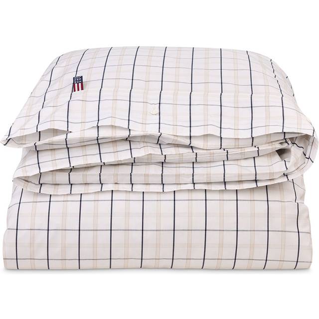 Lexington - Vit/Beige/Navy rutigt bomullspoplin påslakan - Vit