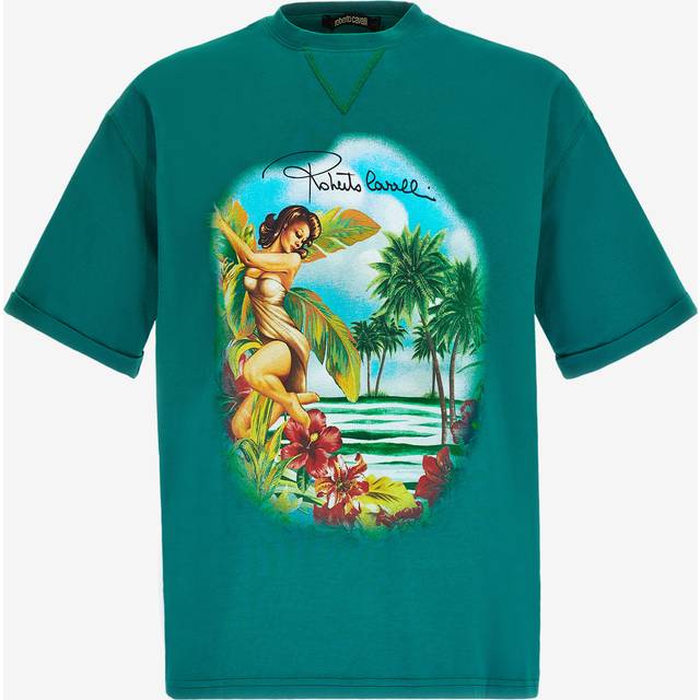 Roberto Cavalli Hawaii Print T-shirt - Male T-shirts Light Blue
