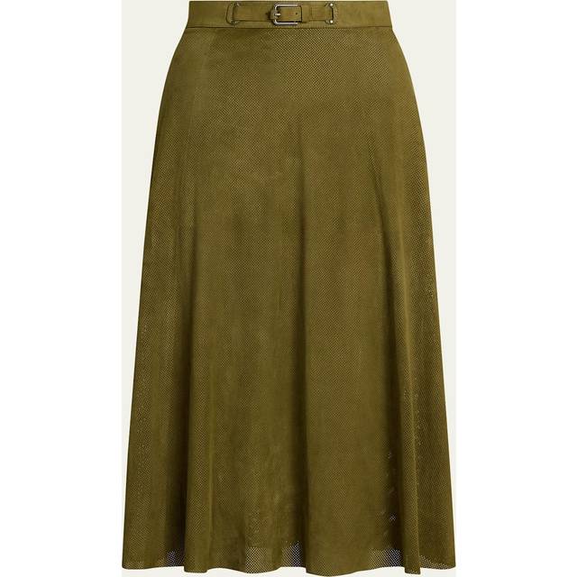 Kensley Perforated Suede Midi Skirt - GREEN - 8