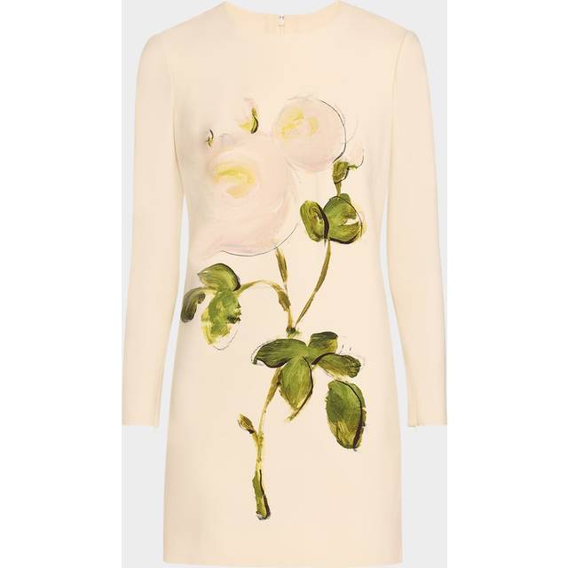Long-Sleeve Painted Roses Wool Mini Dress - WHITEIVORY - 10