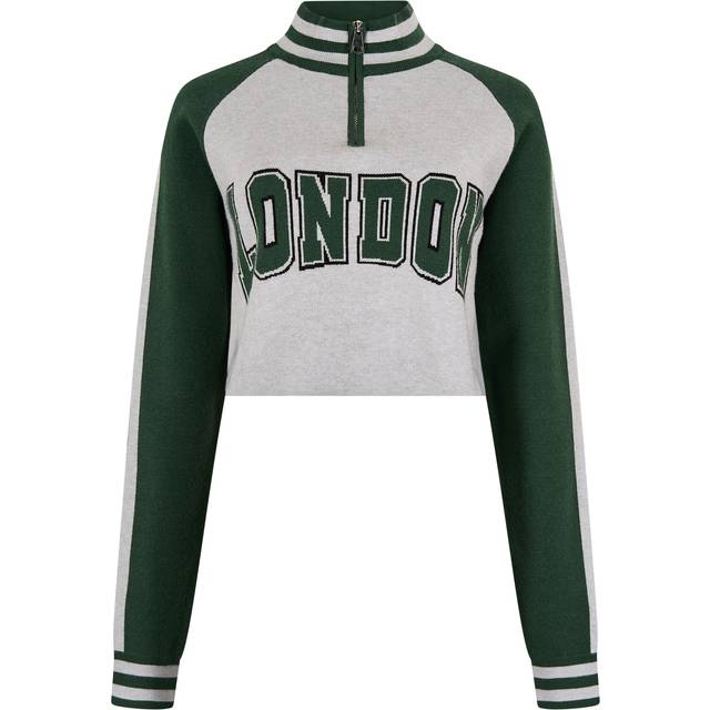 Apricot Women's Green London Slogan Quarter Zip Cropped Jumper New Look - UK 16
